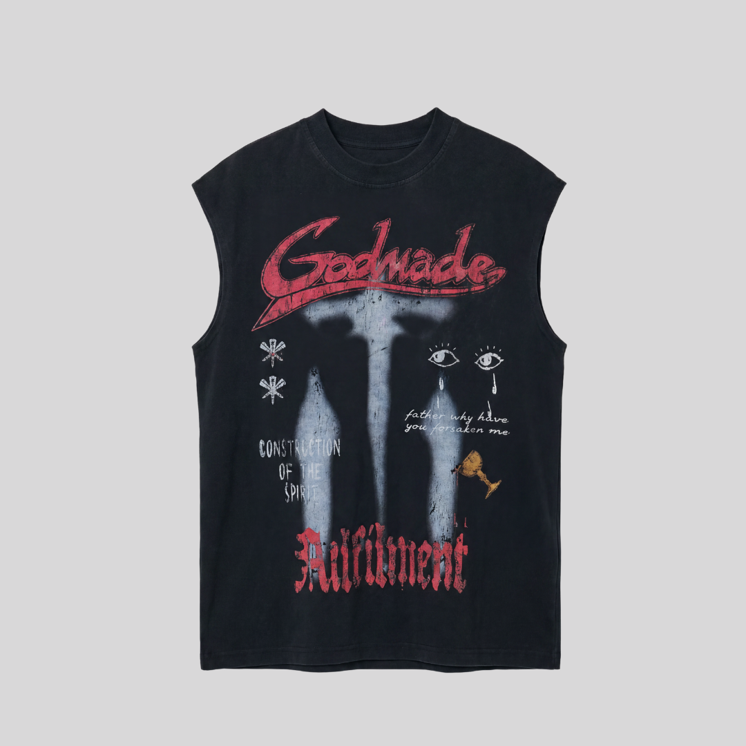 FULFILMENT SLEEVELESS TEE WASHED BLACK GODMADE