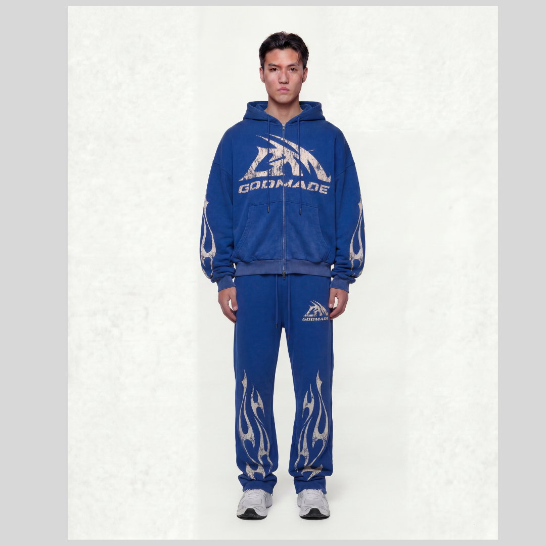 LOGO WASHED BLUE ZIP UP HOODIE GODMADE