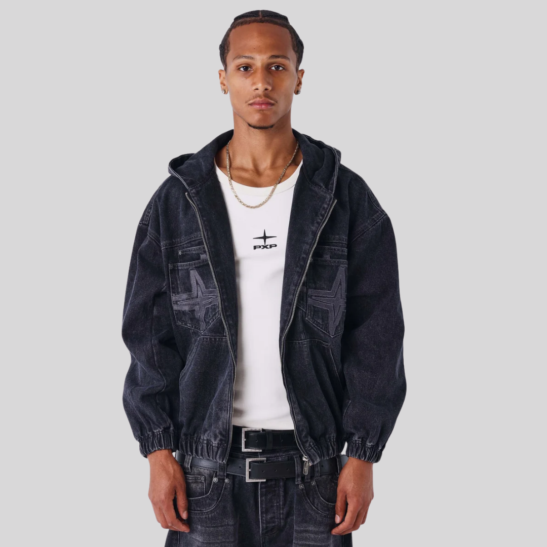 HOODED DENIM JACKET BLACK