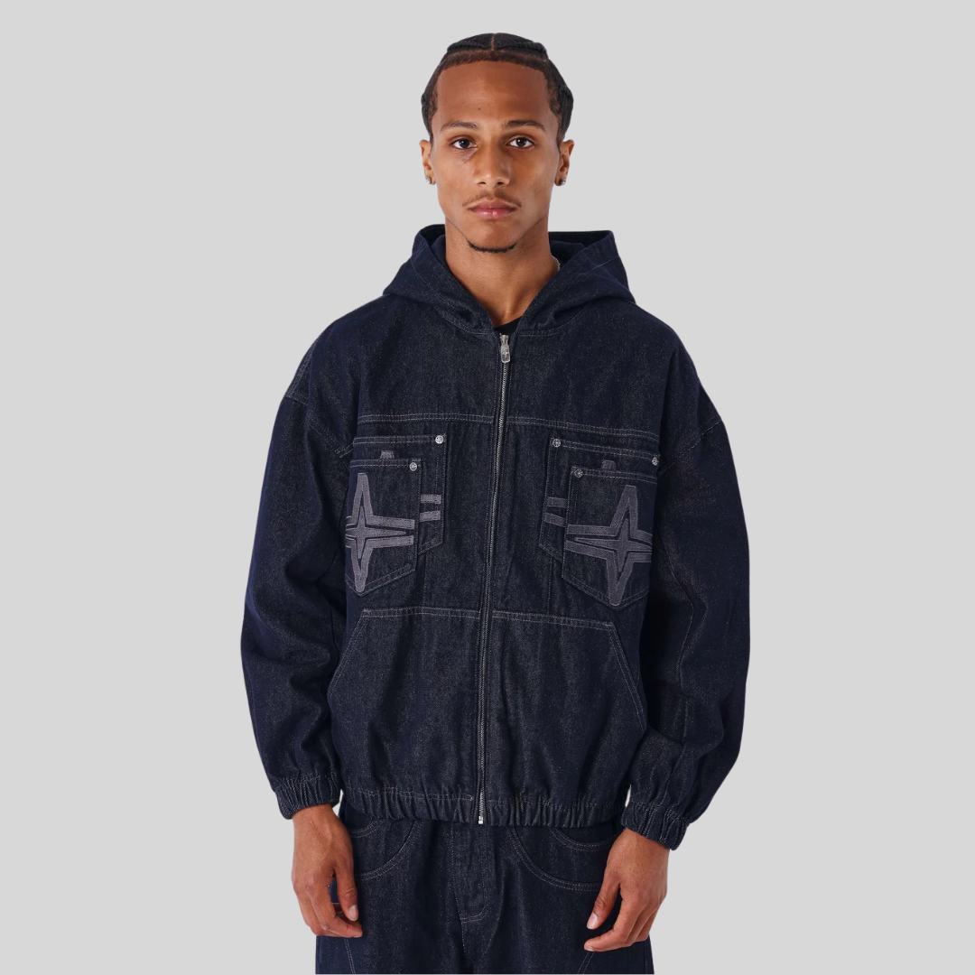 HOODED DENIM JACKET BLUE